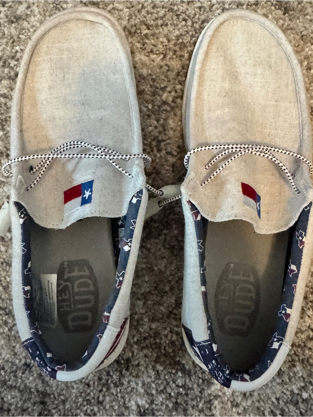 Hey Dude Mens Slip-On Loafers with Texas flag on heel. Off white
